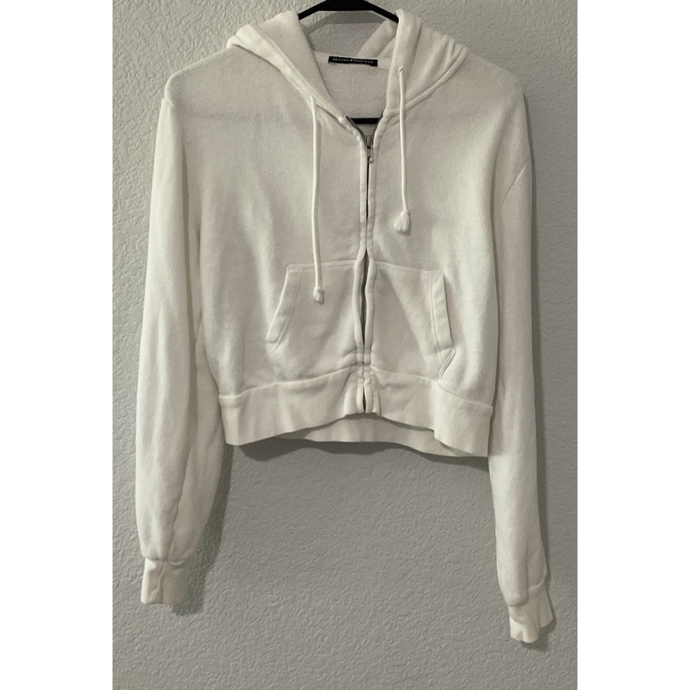 Brandy Melville One Size White Crystal Croppe Zip Up John Galt Sweatshirt Hoodie
